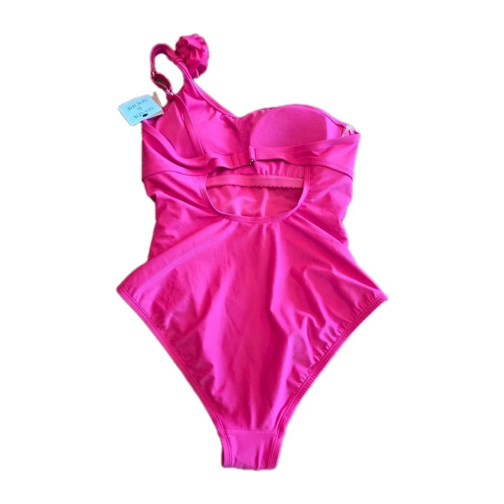 Pink Rosette One Shoulder Tummy Control One Piece Swimsuit Size L (247)